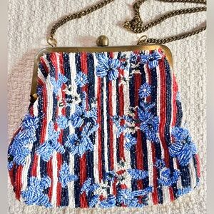 Anthropologie Red White & Blue Beaded Clutch Purse with Chain Strap
